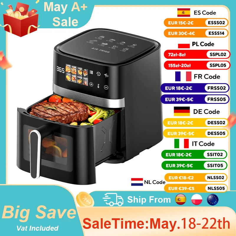 Patbrela 5.5L Air Fryer 8-in-1 Max 200°C Electric Hot fryer Oven Oilless Cooker with Touch Control & Nonstick Basket & Visible Window