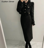 Beige Tweed Jacket + High Waisted Skirts Women Winter  Golden Button 2 Piece Sets Wool Luxury Vintage Skirts Sets Autumn