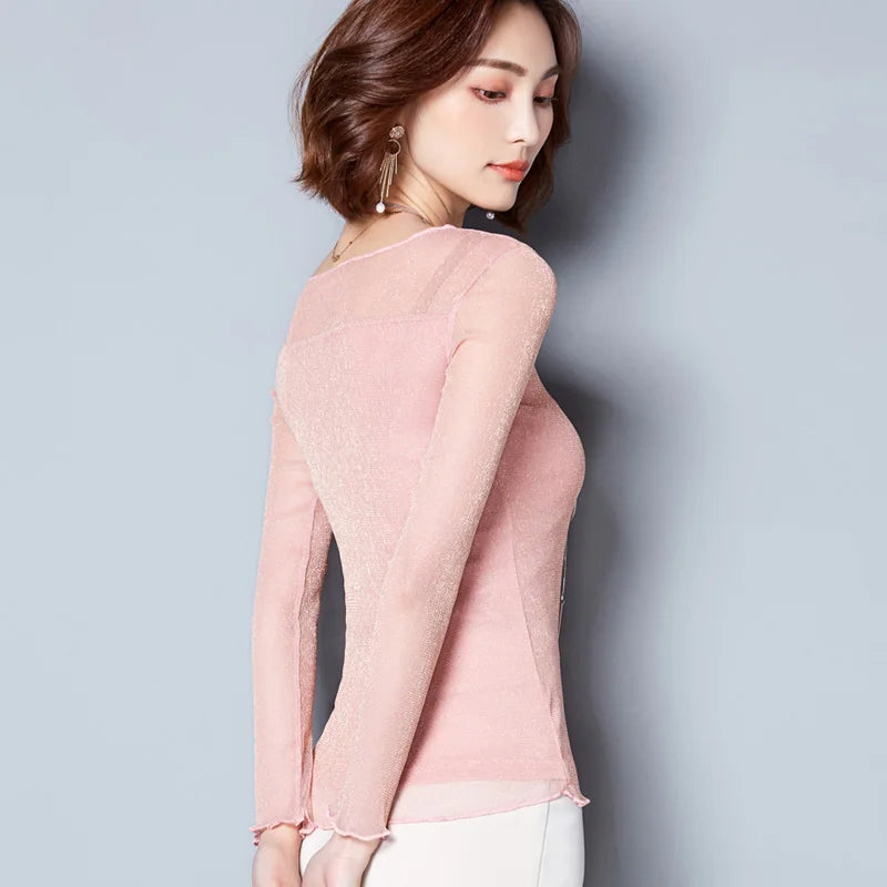 Glitter Mesh Blouse Sexy Womens Shirts Long Sleeve Tops Korean Black Pink O-Neck Elegant Slim Blouse Camisas Femininas Secondary image