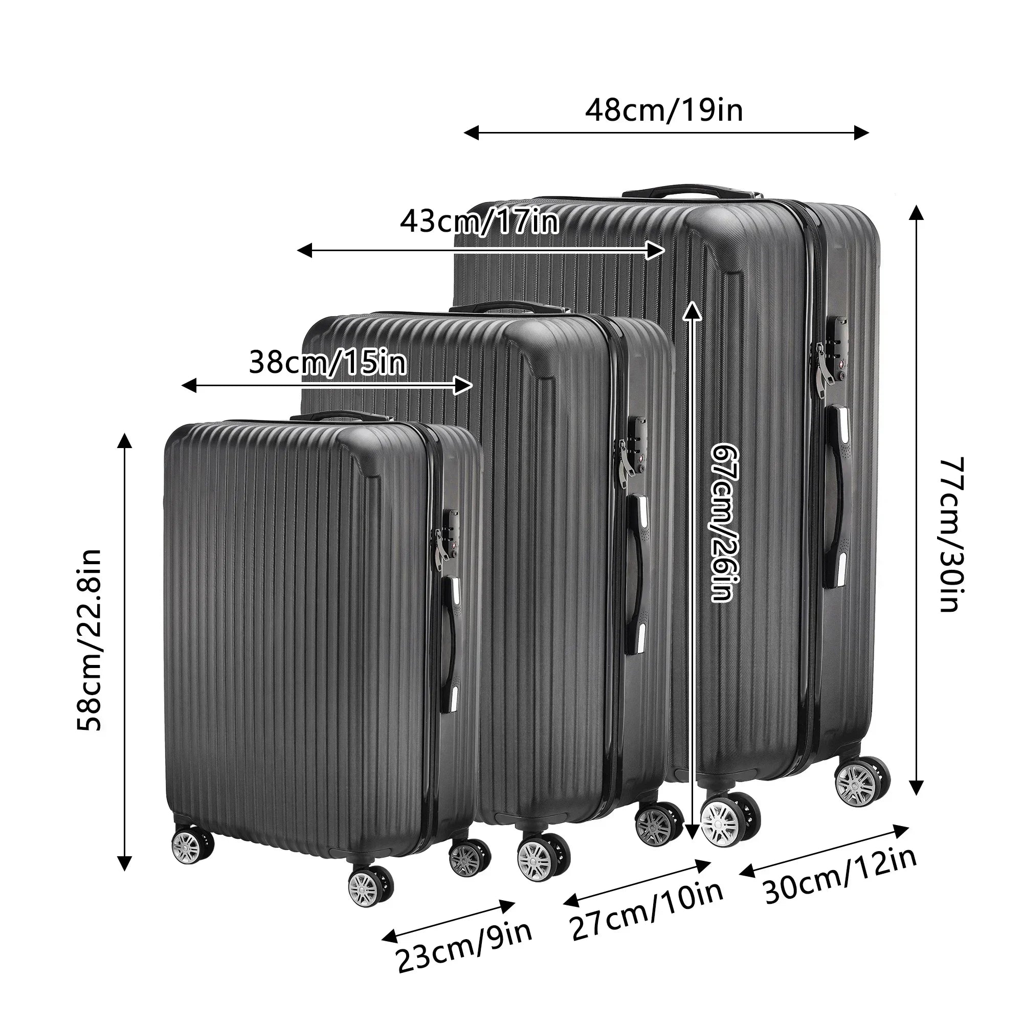 Anajqaqia Black Suitcase Set 3 Piece Luggage Set with Trolley Handle, Double Wheels and TSA Lock, Travel Suitcase Set