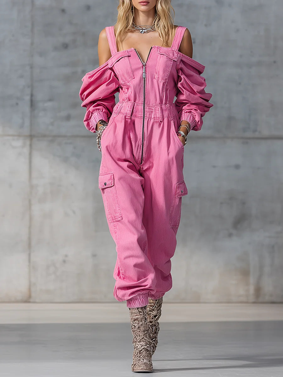 Vintage Denim Jumpsuit Woman Solid Zipper Off-shoulder High Wait Loose Cargo Pants Romper Long Sleeve Overalls One-Piece Suit Main image