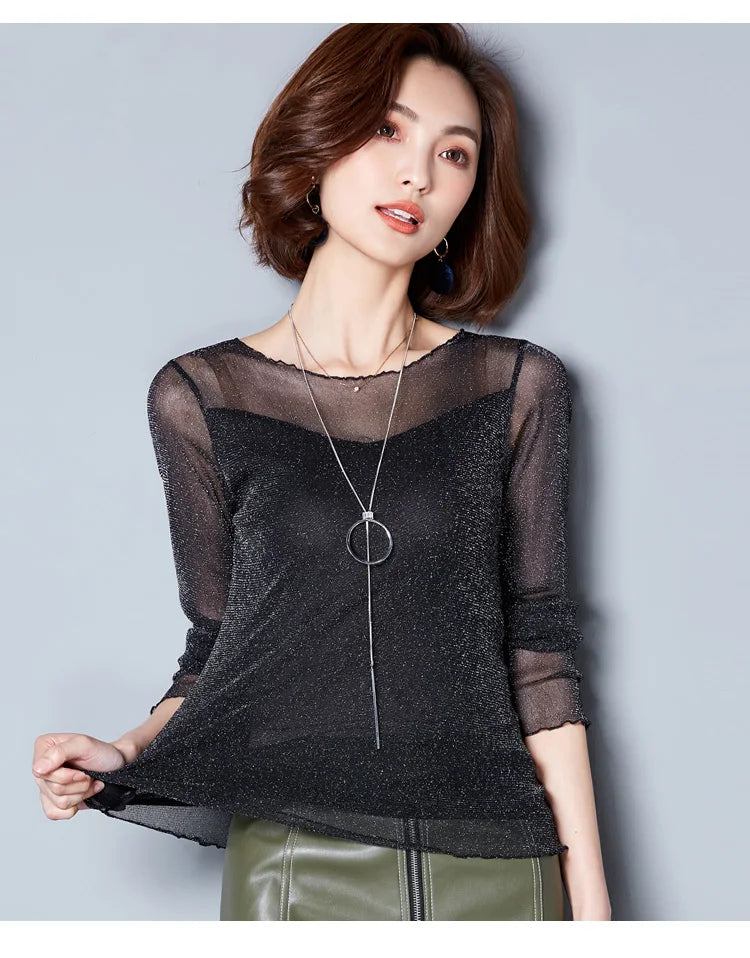 Glitter Mesh Blouse Sexy Womens Shirts Long Sleeve Tops Korean Black Pink O-Neck Elegant Slim Blouse Camisas Femininas