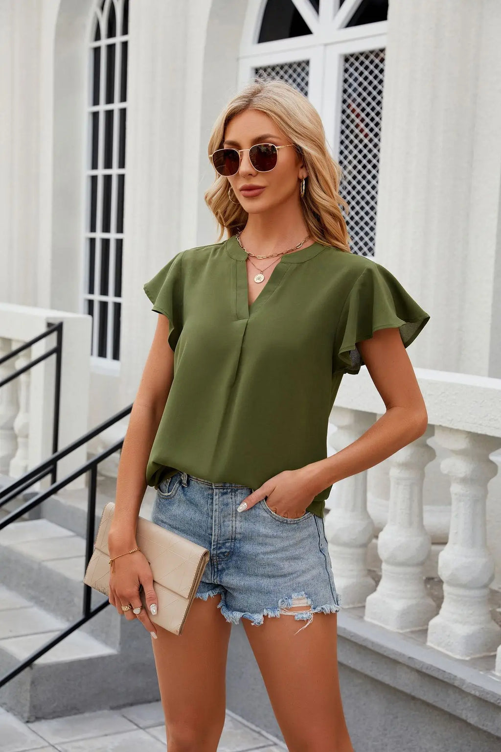 New Women V-Neck Loose Pullover Chiffon Shirts Elegant Fashion Solid Color Ruffles Female Blouse Summer Casual Short Sleeve Tops