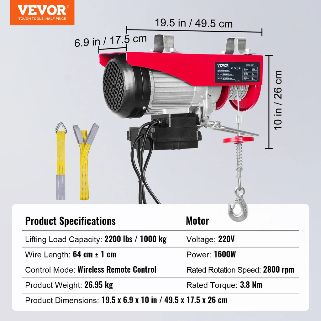 SucceBuy 1320-2200 lbs Wireless Electric Hoist with 40ft Single Cable Lifting Height Steel Wire Winch Garage Warehouse Factory