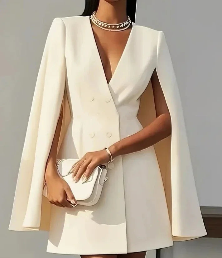 Women Dresses 2025 Spring Autumn New Commuting Double Breasted Shawl Cape Solid Color V-Neck Mini Dress Fashion Women's Clothing