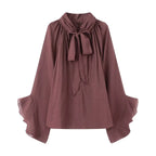 NLZGMSJ Bow DecorationLoose Long Sleeved Blouses For Women New Fashion Ruffle Edge Shirts and Blouses Woman Top