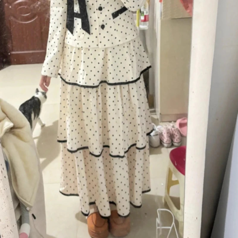 Korean Fashion Elegant Beige Polka Dot Women Set Long-sleeved Single Button Top High Waist A-line Ruffled Tiered Long Skirt 2pcs