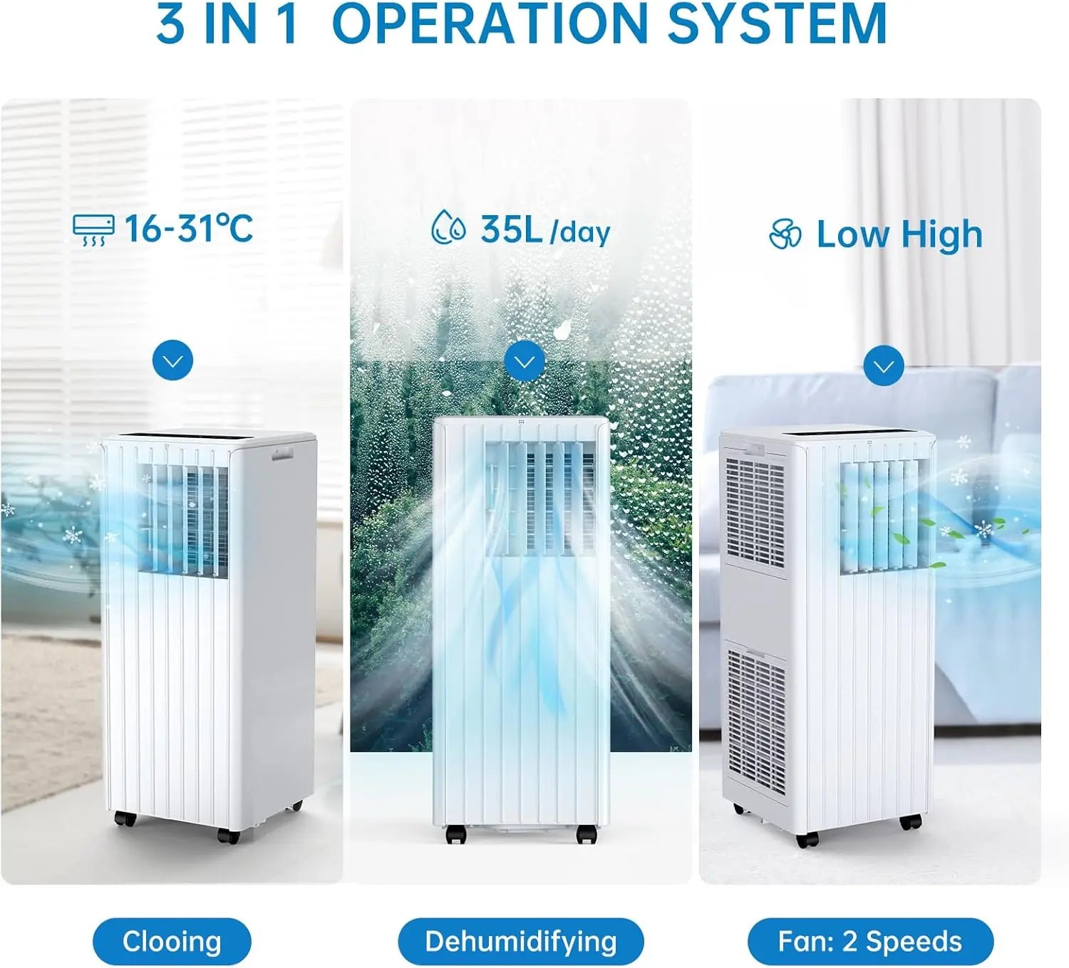 3-in-1 9000 BTU Portable Air Conditioner,Efficient Cooling,Dehumidifier 42L/day,Fan 2 Speed,Digital Display,Remote Control