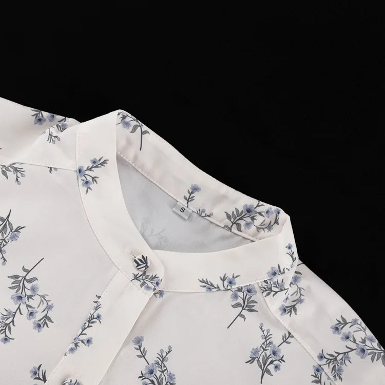 Casual Beige Print Women's Two Pieces Set Fashion Stand Collar Wrist Sleeve Ruffled Shirts And High Waisted Shorts Suit Woman