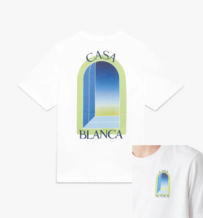 High-Quality White Arch-Print ShortSleeve T-Shirt Casual Round Neck Tee Summer Graphic Pattern Loose Fit Style For Men And Women