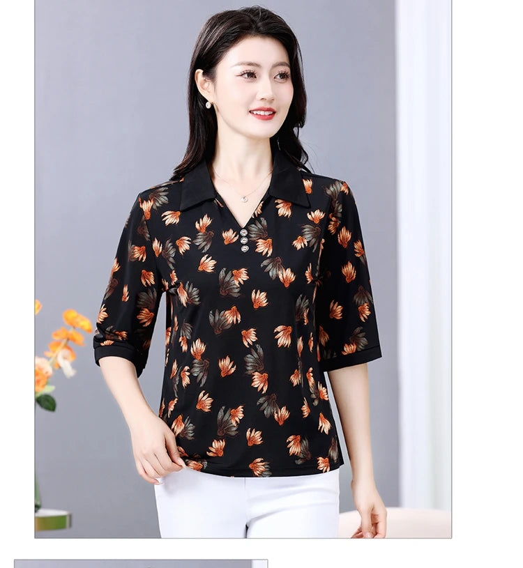 Summer half sleeve Shirt Fashion Commute All-match Ice Silk Printed Button Loose Women's Blouses Top