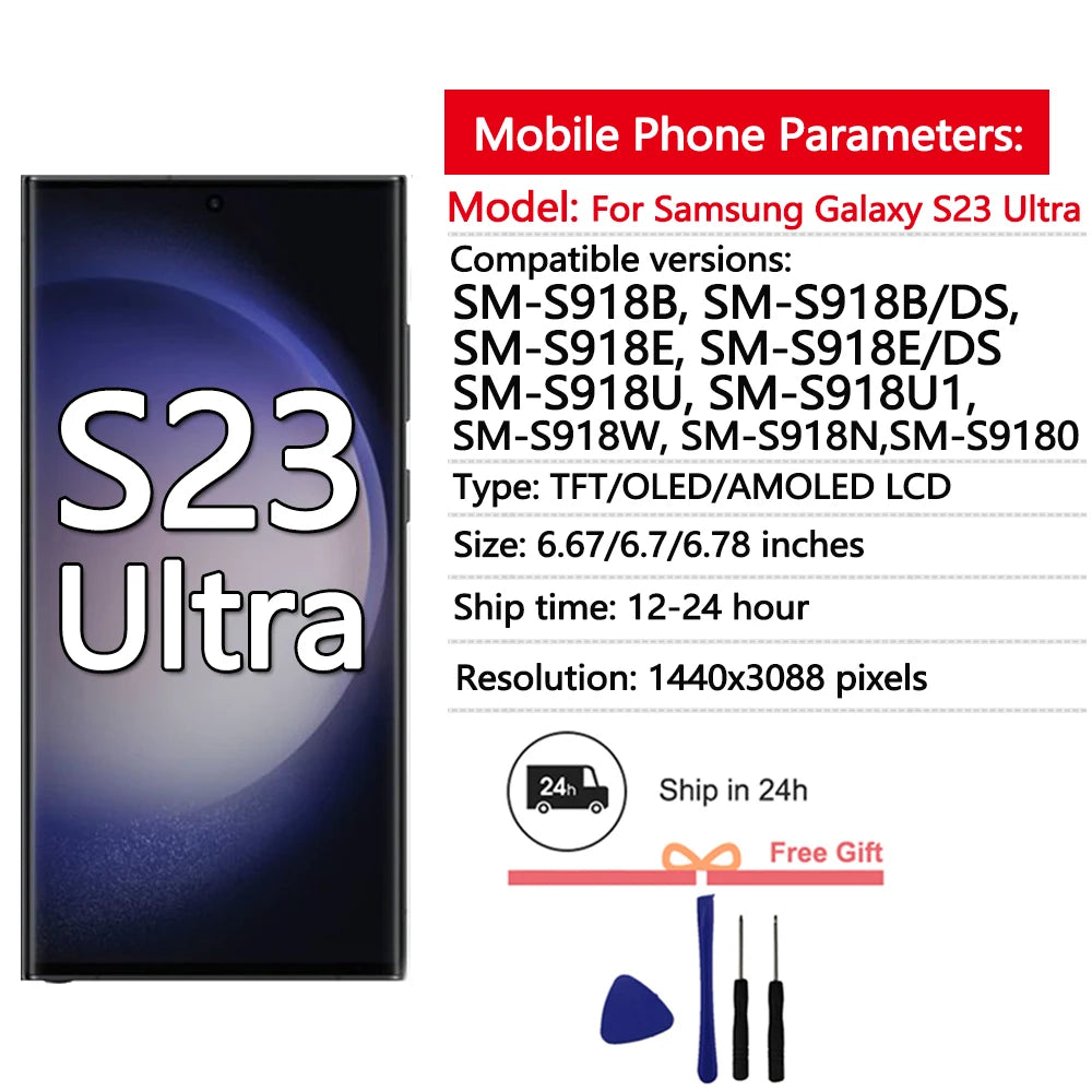 6.8“ Super AMOLED For Samsung Galaxy S23 Ultra S918 LCD Display Touch Screen Digitizer Assembly Support fingerprint and S-Pen