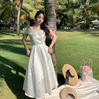 Horetong Bow Slash Neck Sexy Dress Summer Women White Fairy Elegant A-Line Midi Dresses Female Party Prom Clothes Vestdios