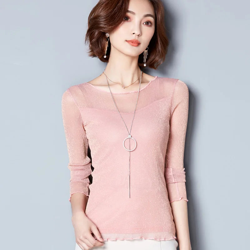 Glitter Mesh Blouse Sexy Womens Shirts Long Sleeve Tops Korean Black Pink O-Neck Elegant Slim Blouse Camisas Femininas