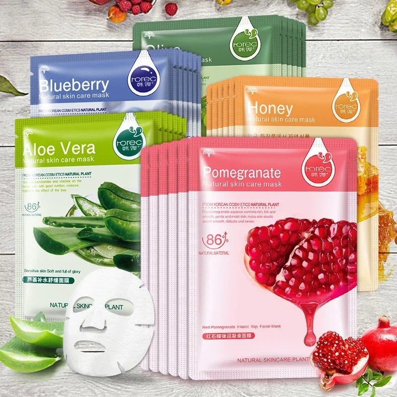 20pcs Natural Plant Facial Mask Moisturizing Oil Control Anti-Aging Fruit Aloe Korean Sheet Face Mask Beauty Skin Care Prodcuts