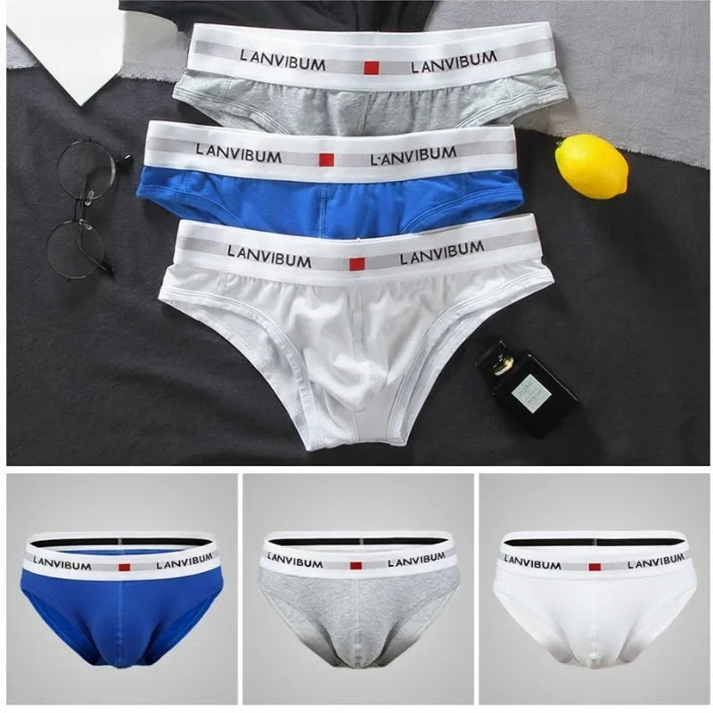 3pcs【LORIEN CREST】Men's Pure Cotton Low Waist Elastic Sexy Loose Breathable Youth Pant Headband Underwear Summer Cotton Briefs