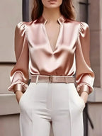 New Women's Satin Shirt V-neck Long-sleeved French Top Fashion Pullover White Simple Office Professional Female Pink Blouses