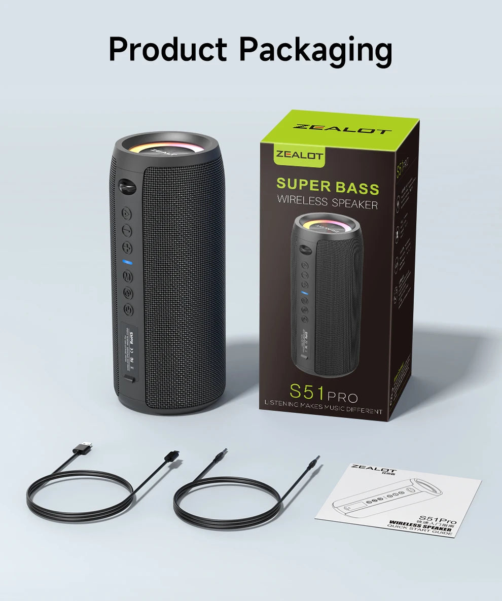 ZEALOT-S51PRO 40W High-power Bluetooth Speaker 3D Stereo Bass Bluetooth Speaker Portable IPX5 Waterproof Suitable TWS Boom Box