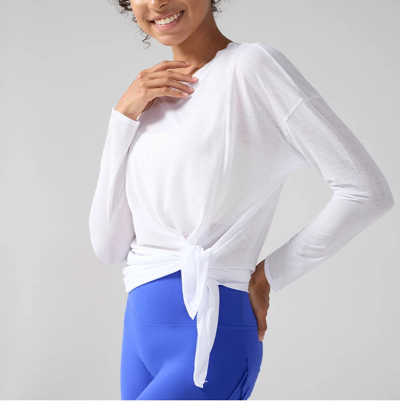 Fashion Women's Breathable Loose Quick Drying Long Sleeve Yoga Shirts Slimming Side Slits Leisure Running Fitness Cycling Tops