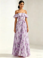 2026 summer off-the-shoulder tulip print plus size slimming square neck maxi dress