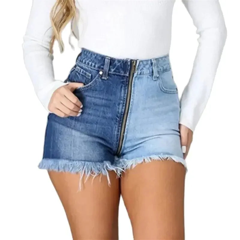 Fashion Front Zipper Open Crotch Denim Shorts Women Casual High Waist Color Contrast Patchwork Female Tassel Three Quarter Pants Main image