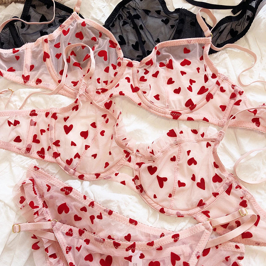 New Lingerie Thongs Set Sexy Ultra Thin Transparent Bra Women Underwire Push Up Bra Set Summer Romantic Peach Heart Underwear