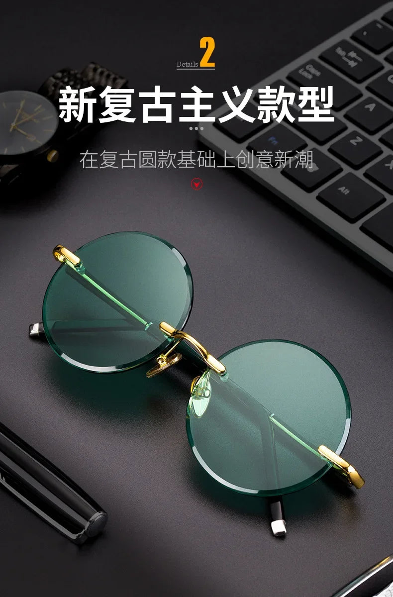 Fashion Classic Rimless Sunglasses Women Men Crystal Dark Green Lens Sun Glasses Retro Round Glasses Outdoor Driving Eyeglasses