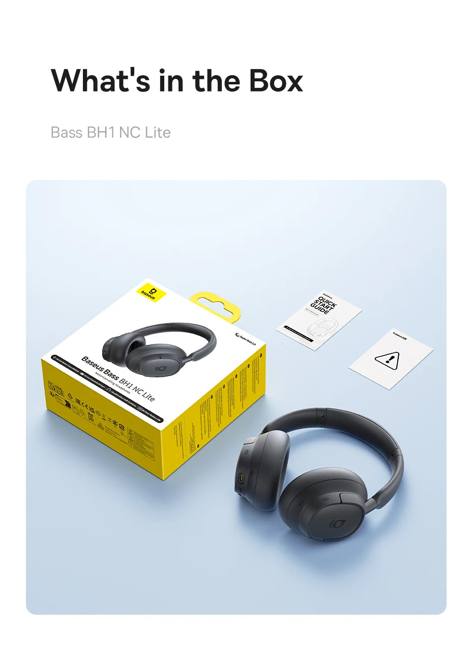 Baseus Bass BH1 NC Lite ANC Wireless Headphones 95% Noise Cancelling Headsets Headphone Bluetooth 6.0 80H Over Ear Earphones