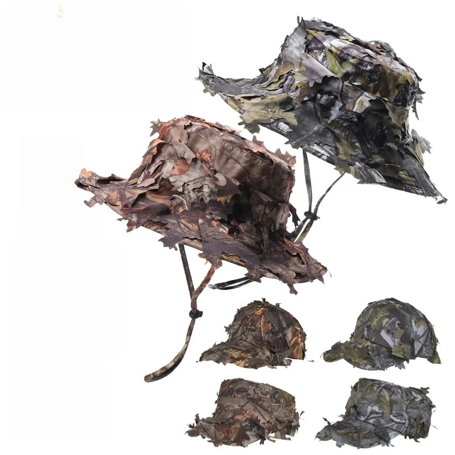 Men's Camouflage Boonie Hats 3D Leaves Camo Tactical Cap Ghillie Caps Hunter Sniper Hats Fishing Sunshade Hunting Accessories