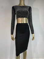Sexy O Neck Long Sleeve Mesh Pearl Beige Black Celebrity Midi Women Bandage Set 2024 Designer Evening Party Women's Set