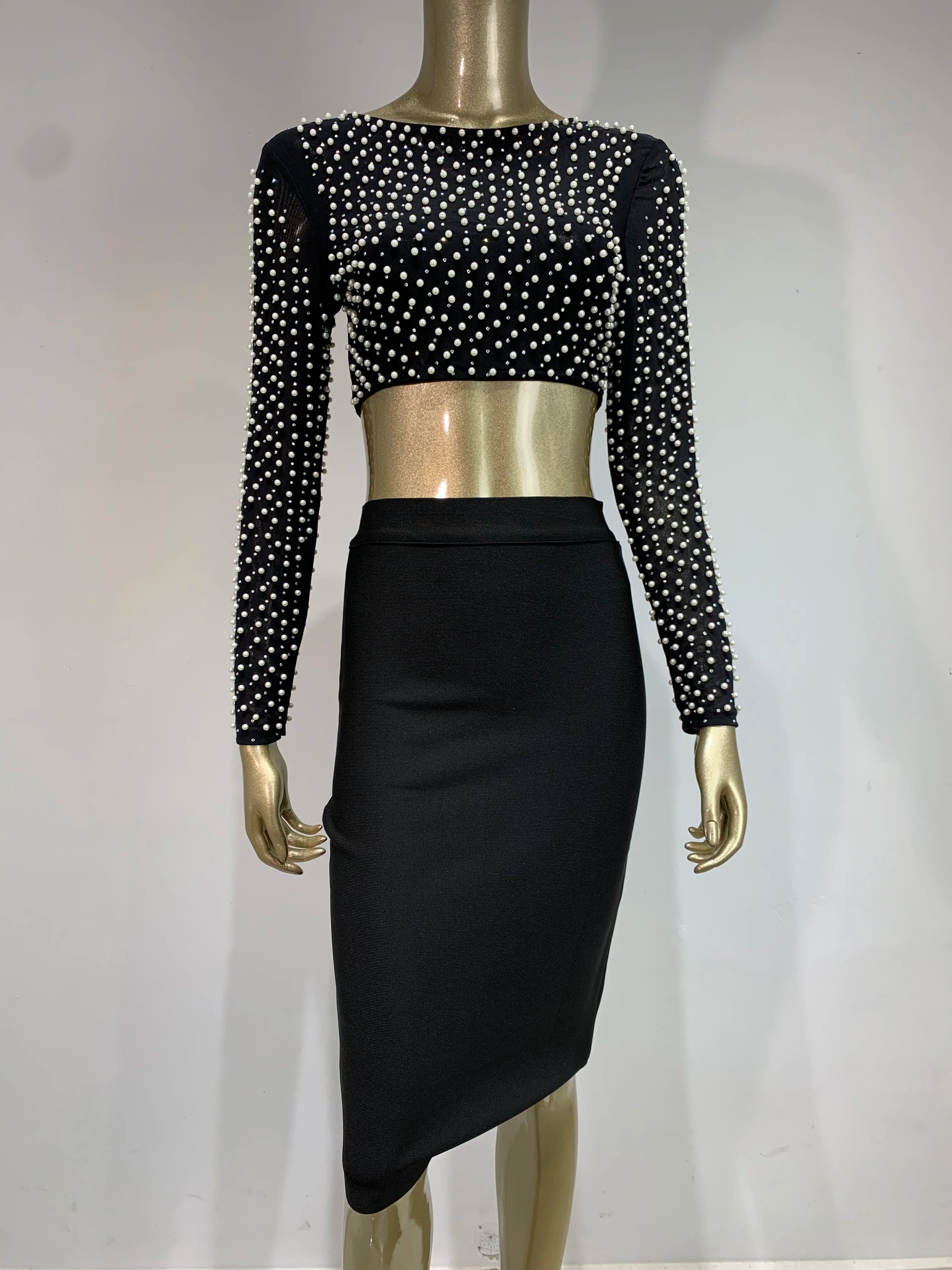 Sexy O Neck Long Sleeve Mesh Pearl Beige Black Celebrity Midi Women Bandage Set 2024 Designer Evening Party Women's Set