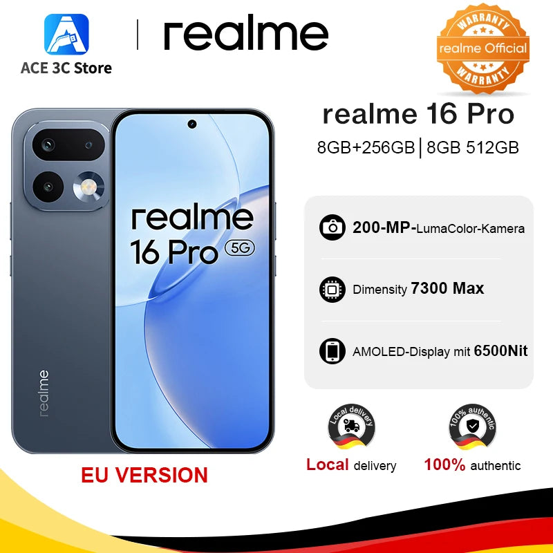 New Arrival realme 16 Pro 5G Smartphone European Version 200MP LumaColor Camera 6500nit AMOLED Display 6500mAh Battery NFC Main image
