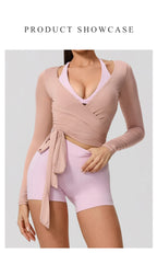 New Summer Women's Yoga Long Sleeve One Piece Strap Yoga Clothing Female Training Premium Ballet Wrap TopsWoman Gym Sports Top