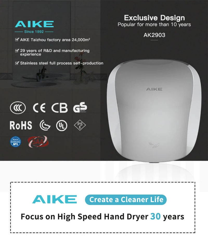 AIKE Air Tank Heavy Duty Automatic Hand Dryer HEPA Filter UL Approved 1450W Brushed Stainless Steel Finish Hand Drying Machine
