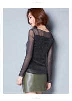 Glitter Mesh Blouse Sexy Womens Shirts Long Sleeve Tops Korean Black Pink O-Neck Elegant Slim Blouse Camisas Femininas