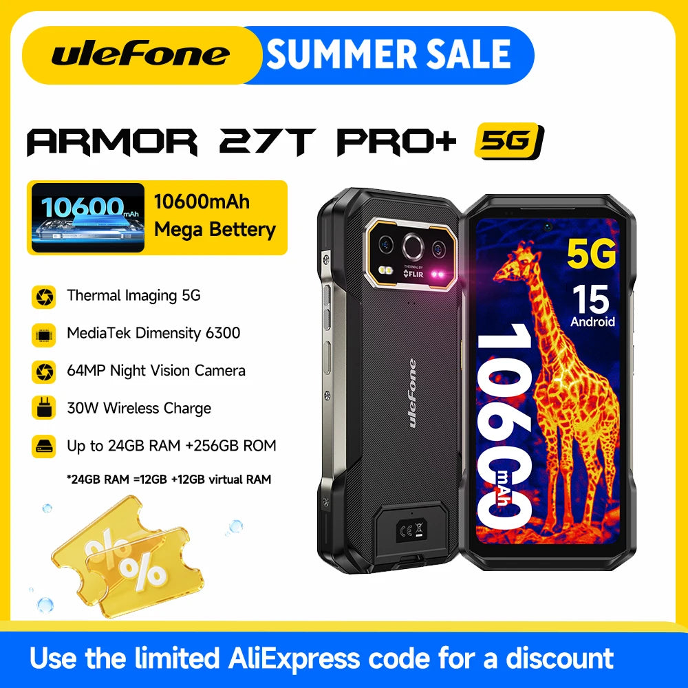 Ulefone Armor 27T Pro+ 5G Rugged Phone 10600mAh Android 15 Smartphone 50MP+64MP Night Camera 6.78" 120Hz 24GB+256GB NFC Mobile Main image
