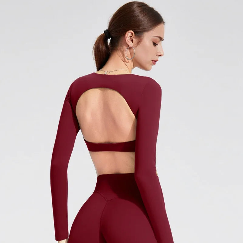 NCLAGEN Sports Tops Gym Women Fitness T Shirt Long Sleeve Open Back Pilates Yoga Padded Crop Top Running Workout Fitness Blouse