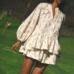 Casual Beige Print Women's Two Pieces Set Fashion Stand Collar Wrist Sleeve Ruffled Shirts And High Waisted Shorts Suit Woman