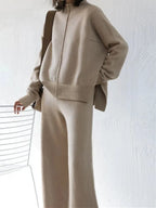 Women's Beige Oversized Knit Two-Piece Set with Half-Zip Sweater And Wide-Leg Pants Casual Loungewear