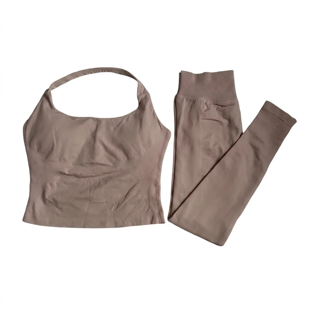 Halter Top Leggings 2-Piece Set Seamless Halterneck Backless Yoga Top+Scrunch Booty Leggings Fitness Gym 2pcs Set