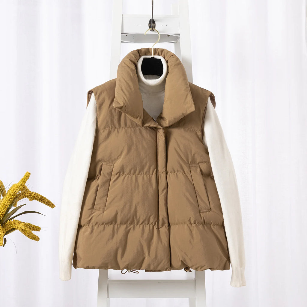 Women Fashion Autumn New 2024 Stand Collar Elegant Down Coats Warm Outerwear Casual Belt Sleeveless Winter Women Vests Jackets