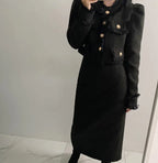 Beige Tweed Jacket + High Waisted Skirts Women Winter  Golden Button 2 Piece Sets Wool Luxury Vintage Skirts Sets Autumn