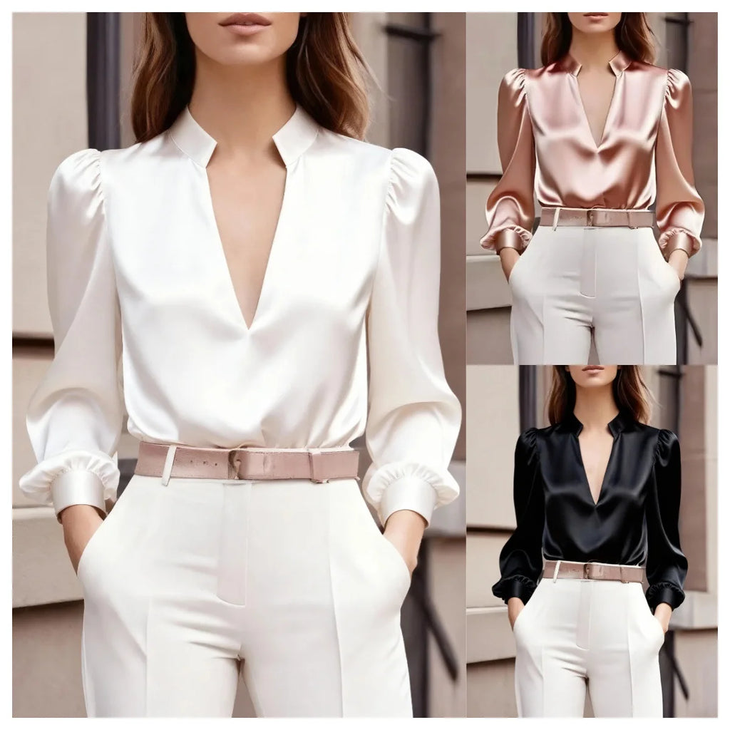 New Women's Satin Shirt V-neck Long-sleeved French Top Fashion Pullover White Simple Office Professional Female Pink Blouses