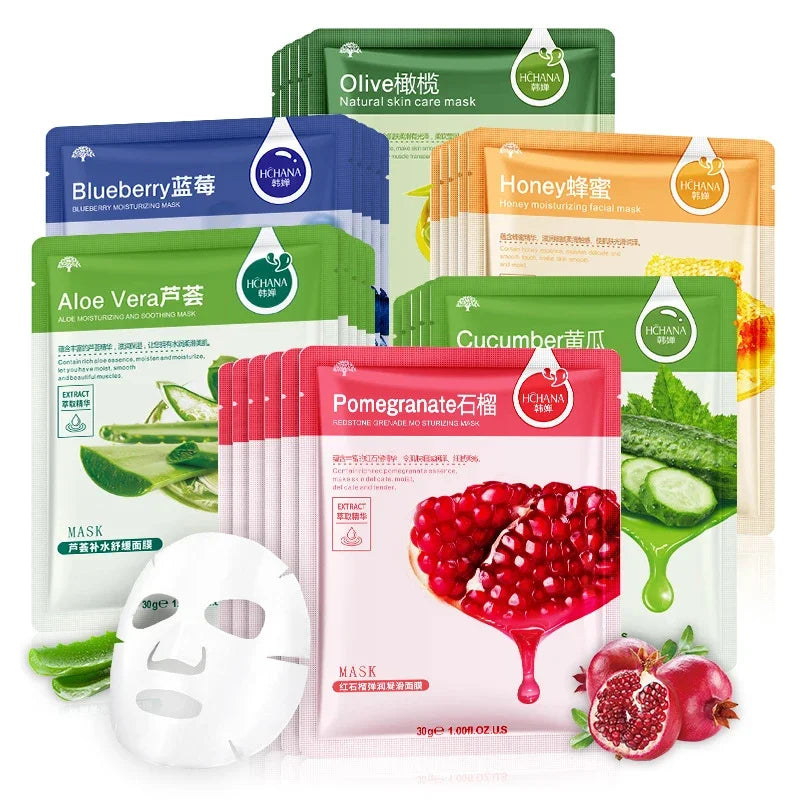 20pcs Natural Plant Facial Mask Moisturizing Oil Control Anti-Aging Fruit Aloe Korean Sheet Face Mask Beauty Skin Care Prodcuts