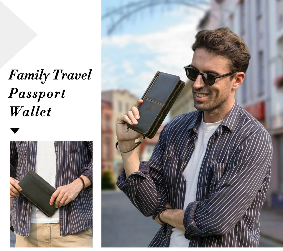 Family Passport Wallet with AirTag Slot for Travel Genuine Leather Credit Card Boarding Pass Holder Pen Cover Money Clutch Bag