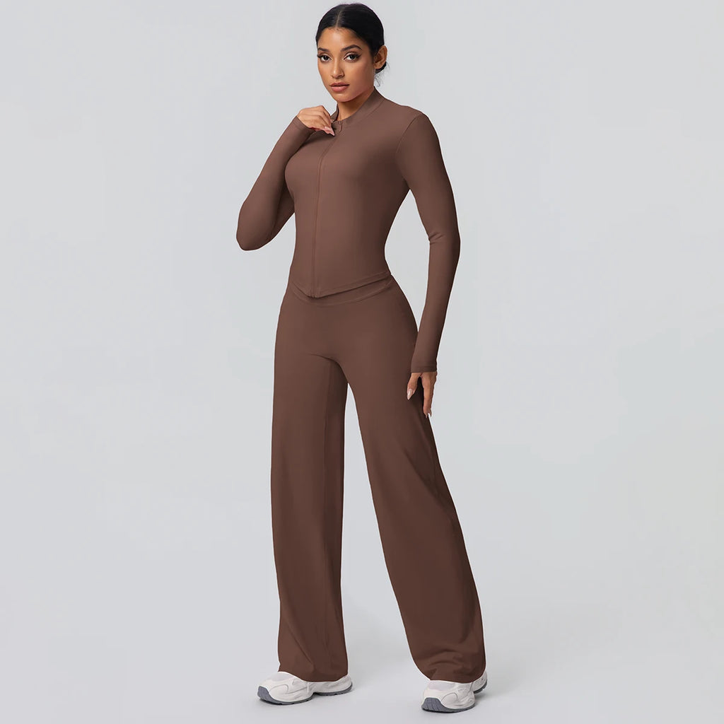 2pieces Quick Drying Sports Fitness Clothing Yoga Set Women Yoga Zipper Long Dleeves High Waisted Breathable Wide Leg Pants Set