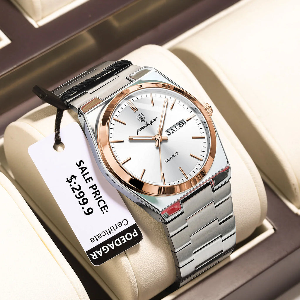 POEDAGAR Luxury Men's Watches Waterproof Luminous Date Week Men Watch Stainless Steel Casual Fashion Quartz Man Wristwatch Reloj