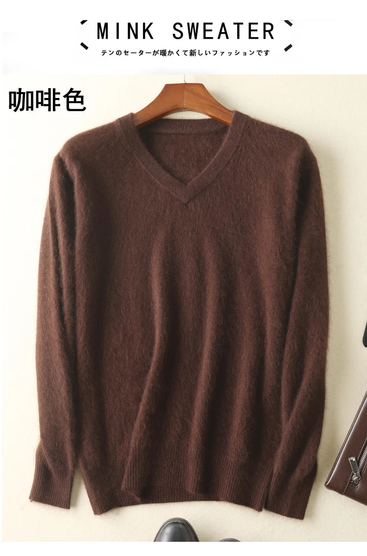 LHZSYY Men's 100% Mink Cashmere Large Size Sweaters Autumn Winter Solid V-neck Casual Knit Pullovers Men Long Sleeve Warm Jumper