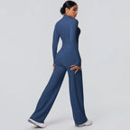 2pieces Quick Drying Sports Fitness Clothing Yoga Set Women Yoga Zipper Long Dleeves High Waisted Breathable Wide Leg Pants Set