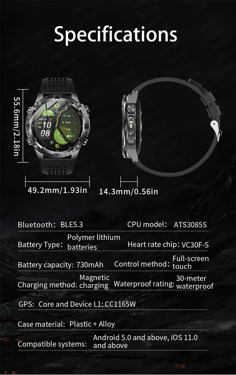 GPS Sports Smartwatch Men Women Swim Waterproof Fitness Tracker 2GB Memory Offline Maps  SpO2 Rugged Outdoor Smartwatch for Men